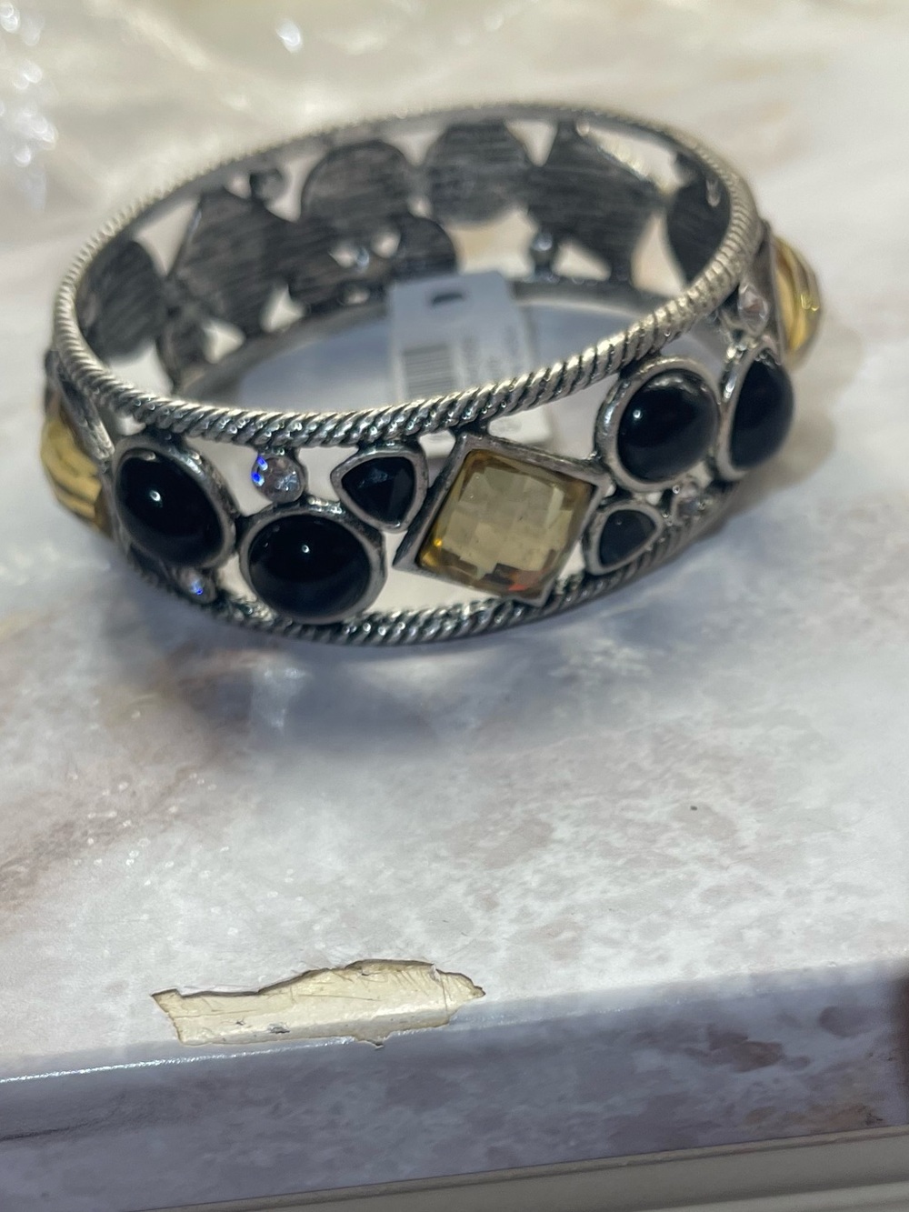 Silver-Tone Multi-Stone Bracelet with Black and Amber Accents